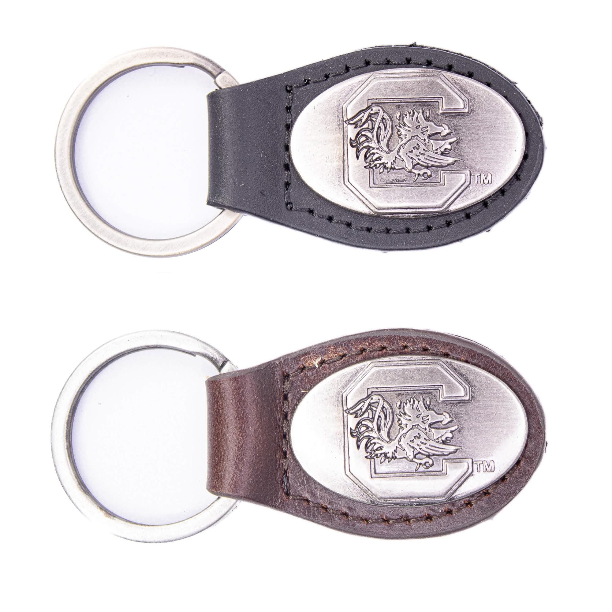 USC Gamecoks Oval Leather Key Fob. Sturdy Split Ring and Durable Stitching. Perfect Collegiate Key Chain Gift. Brown or Black Leather.