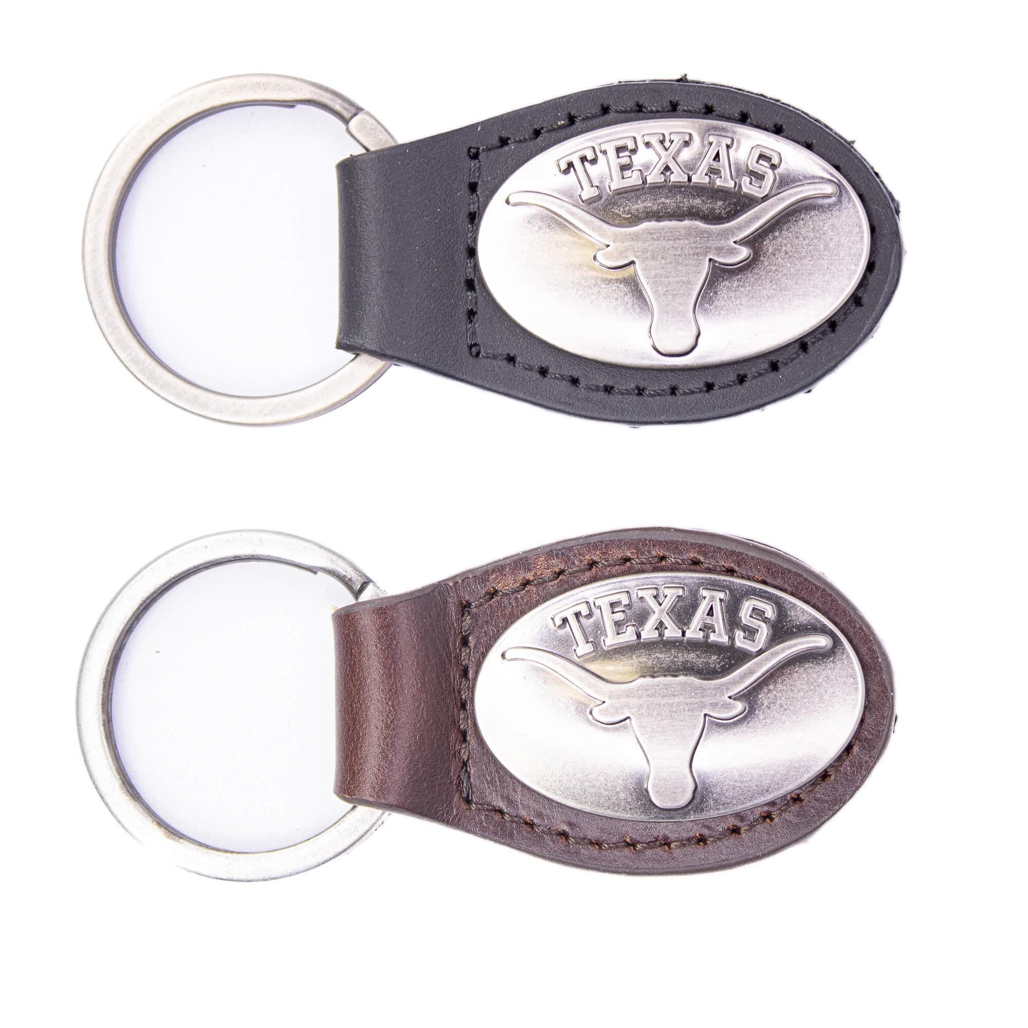 Texas Longhorns Oval Leather Key Fob. Sturdy Split Ring and Durable Stitching. Perfect Collegiate Key Chain Gift. Brown or Black Leather.
