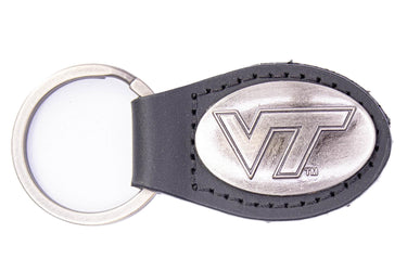 Virginia Tech Hokies Oval Leather Key Fob. Split Ring and Durable Stitching. Perfect Collegiate Key Chain Gift. Brown or Black Leather.