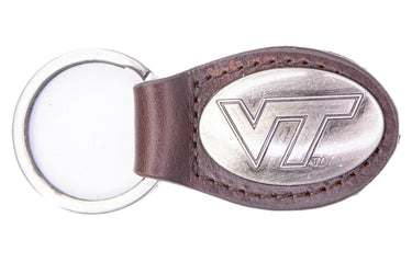 Virginia Tech Hokies Oval Leather Key Fob. Split Ring and Durable Stitching. Perfect Collegiate Key Chain Gift. Brown or Black Leather.