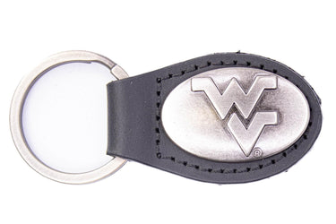 West Virginia Mountaineers Oval Leather Key Fob. Split Ring and Durable Stitching. Perfect Collegiate Key Chain Gift. Brown or Black Leather