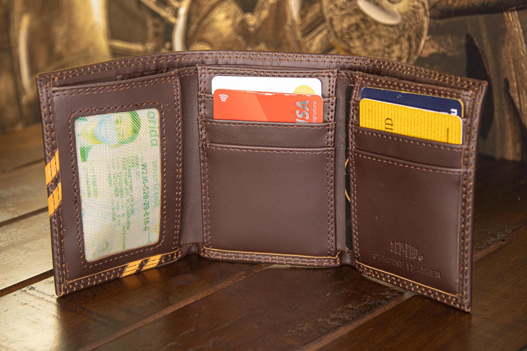Arkansas Razorbacks Men's Embossed Leather Wallet. Arkansas Trifold. ARK Secretary. Brown Collegiate Wallet. Razorbacks Athletic Print.