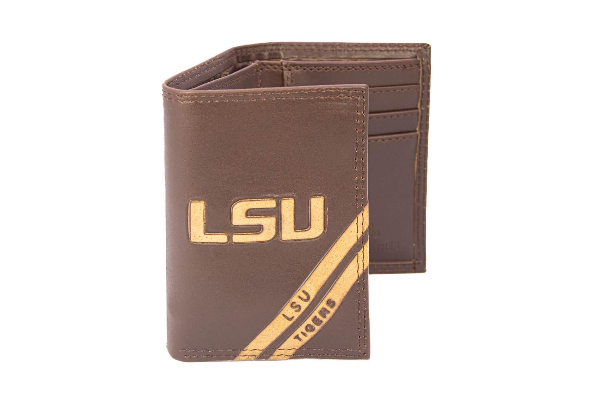 LSU Tigers Men's Embossed Leather Wallet. LSU Trifold. LSU Secretary. Brown Collegiate Wallet. Tigers Athletic Print.