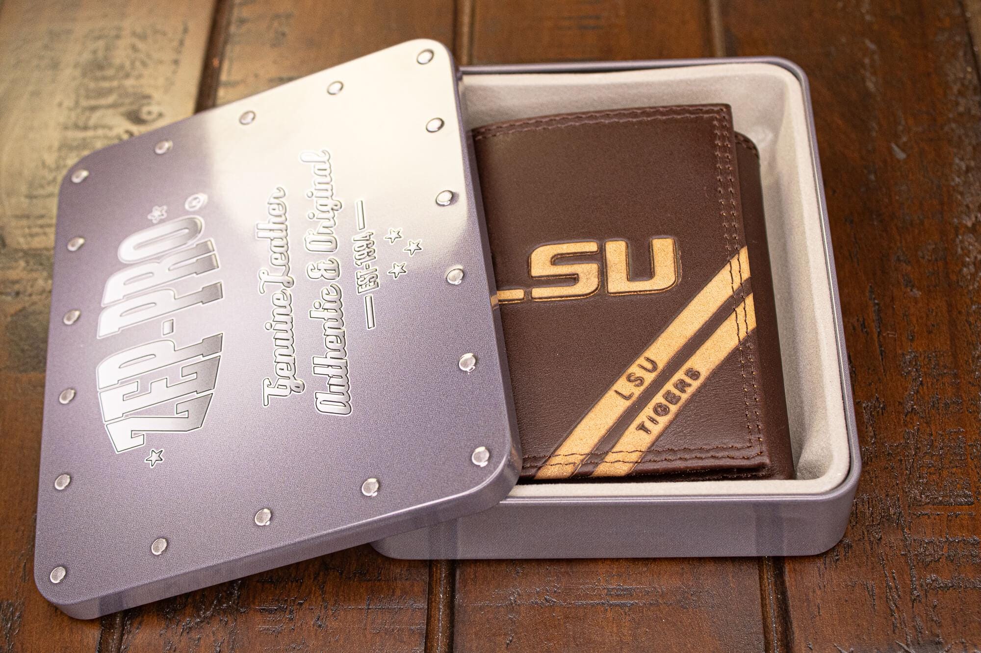 LSU Tigers Men's Embossed Leather Wallet. LSU Trifold. LSU Secretary. Brown Collegiate Wallet. Tigers Athletic Print.