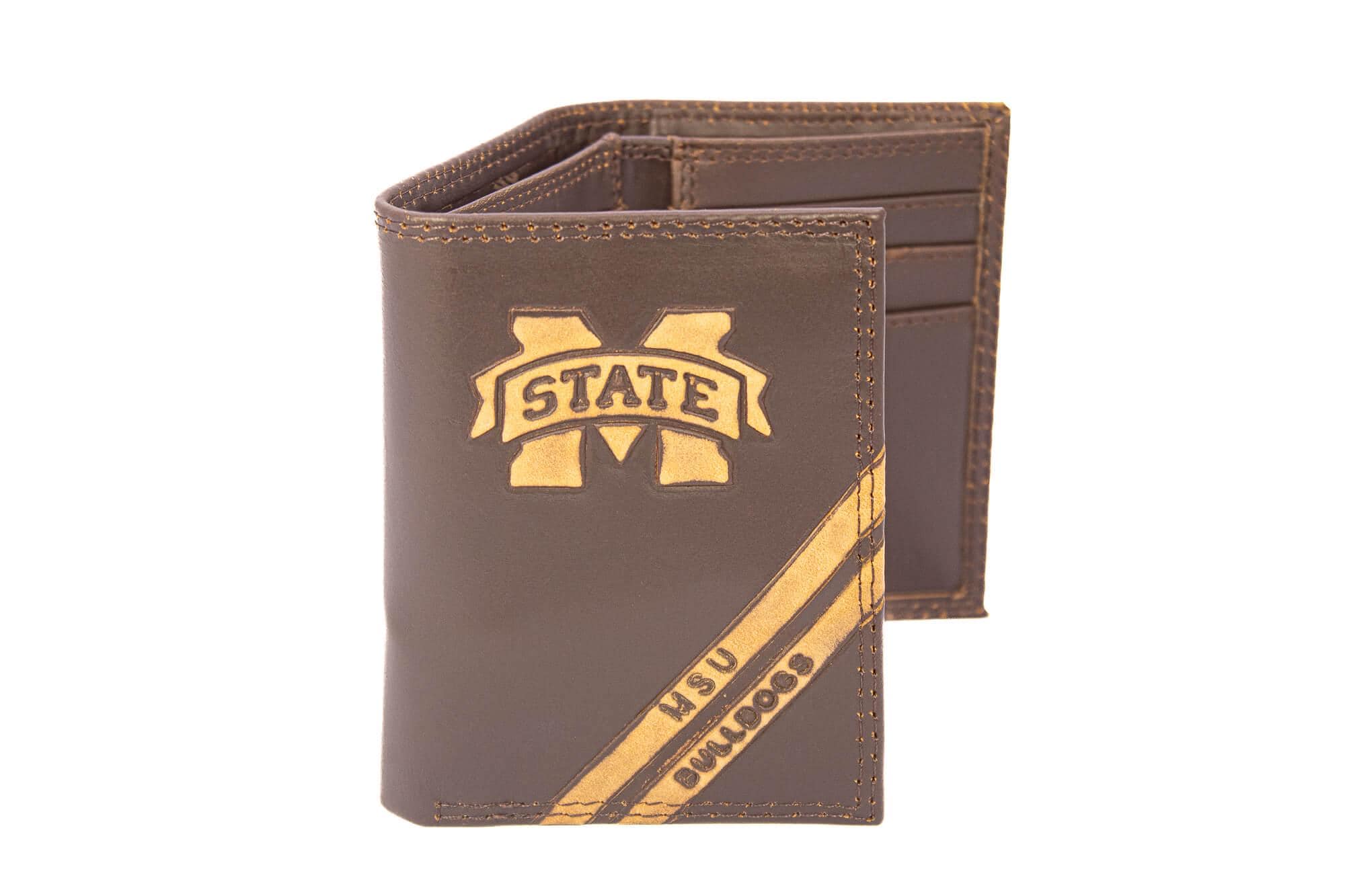 Mississippi State Bulldogs Men's Embossed Leather Wallet. MSU Trifold. MSU Secretary. Brown Collegiate Wallet. Bulldogs Athletic Print.