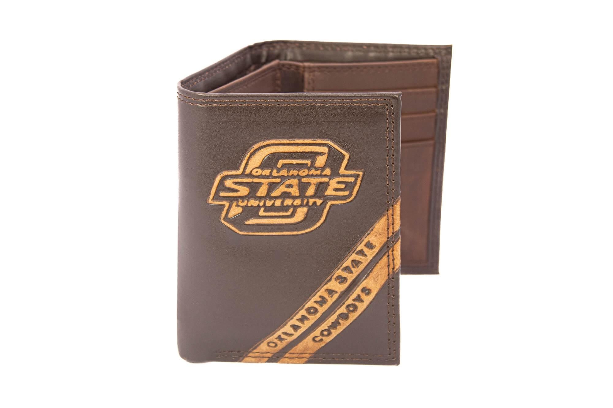 Oklahoma State Cowboys Men's Embossed Leather Wallet. OSU Trifold. OK State Secretary. Brown Collegiate Wallet. Cowboys Athletic Print.