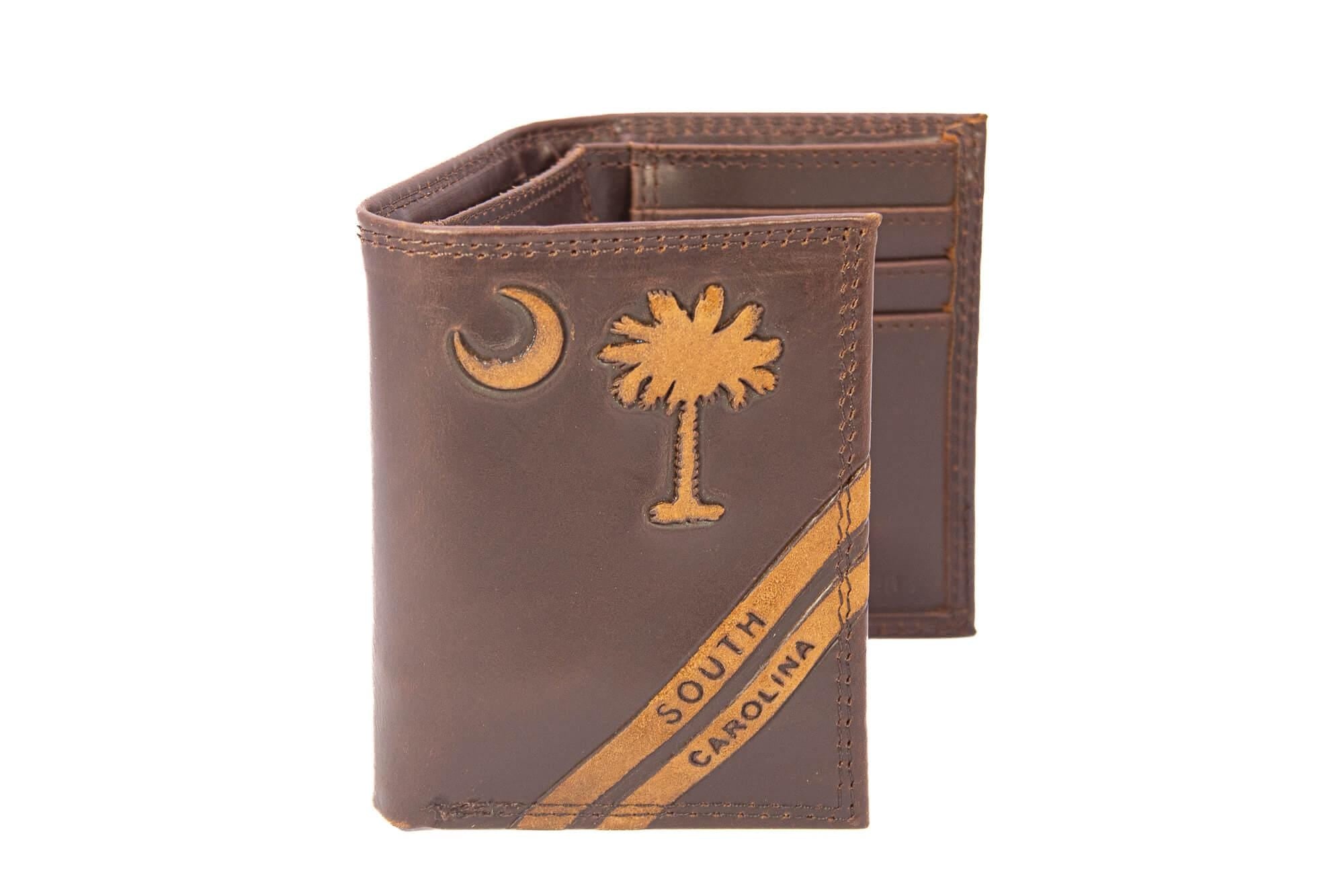 SC Palmetto Moon Men's Embossed Leather Wallet. SC Palmetto Trifold. Carolina Secretary. Brown Collegiate Wallet. Palmetto Athletic Print.
