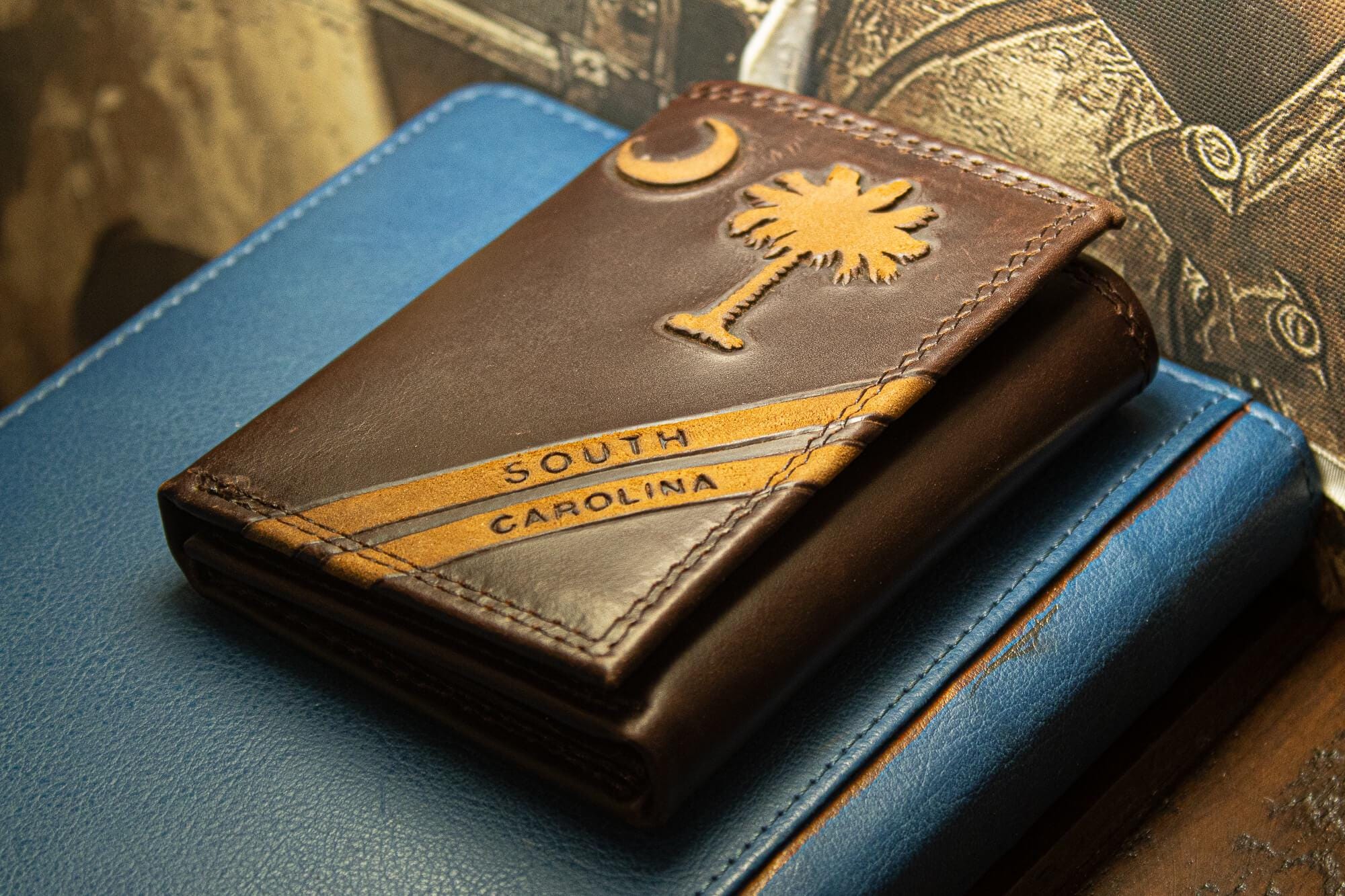SC Palmetto Moon Men's Embossed Leather Wallet. SC Palmetto Trifold. Carolina Secretary. Brown Collegiate Wallet. Palmetto Athletic Print.