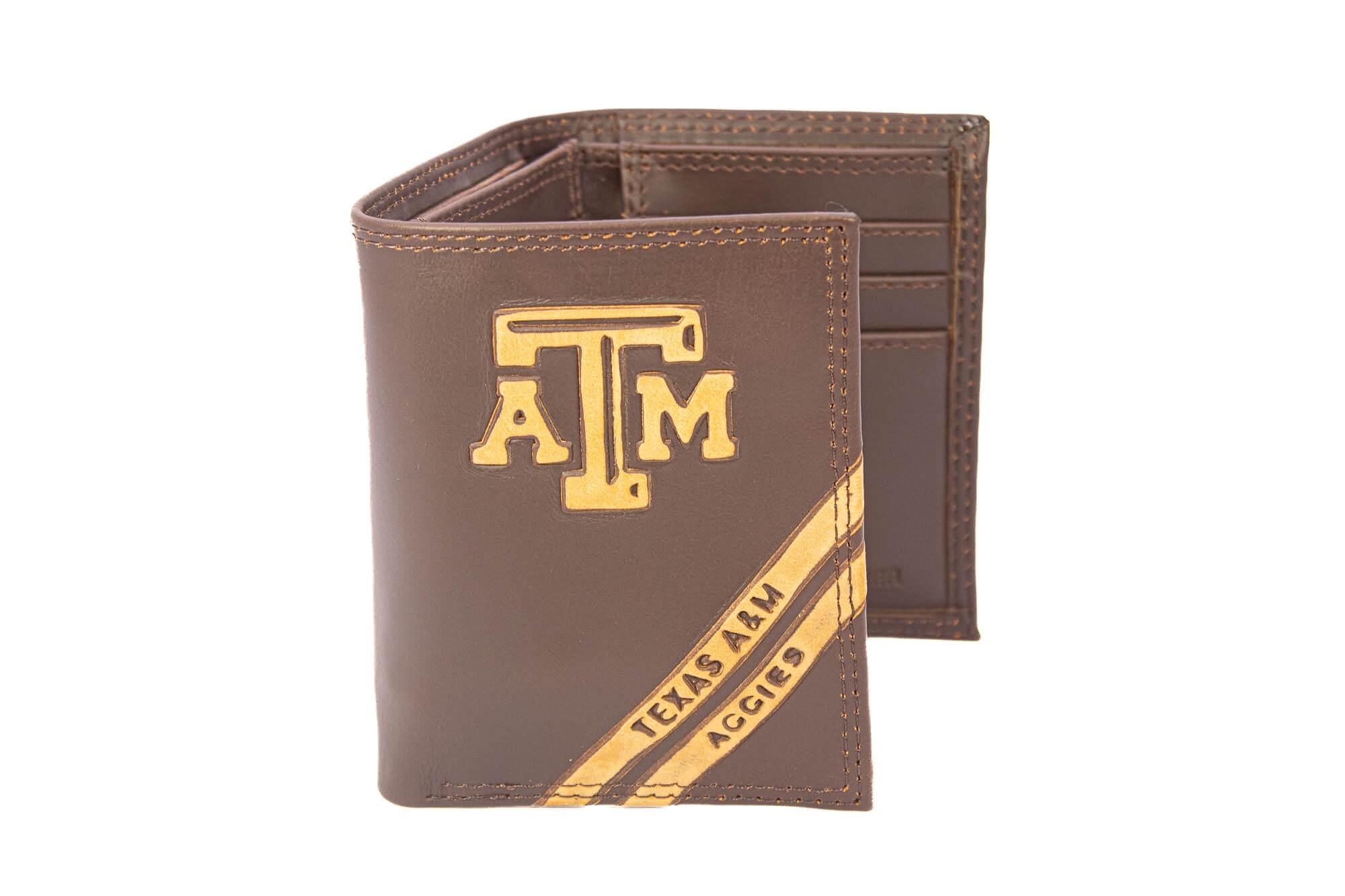 Texas A&M Aggies Men's Embossed Leather Wallet. Texas Trifold. Texas AM Secretary. Brown Collegiate Wallet. Aggies Athletic Print.