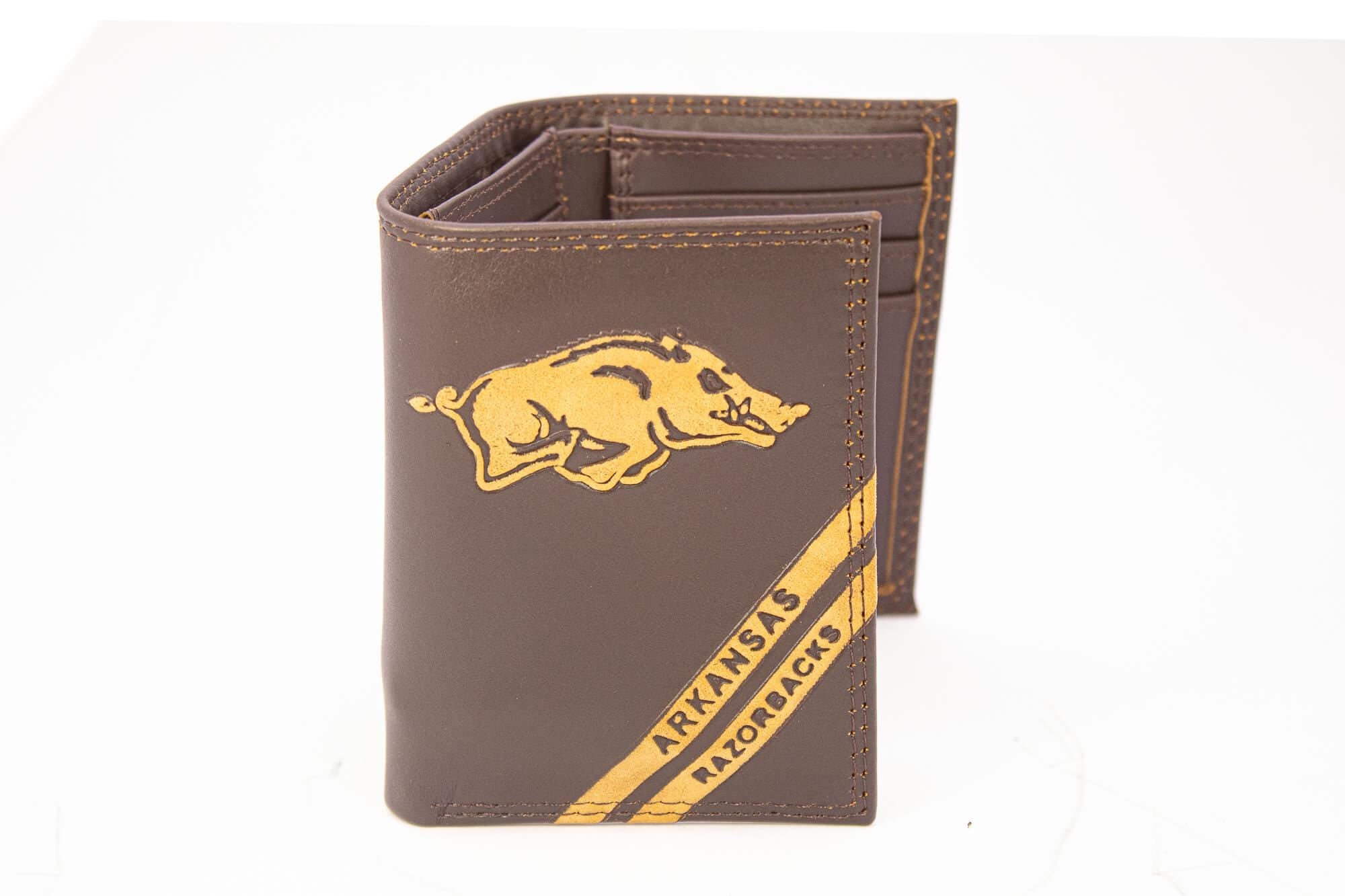 Arkansas Razorbacks Men's Embossed Leather Wallet. Arkansas Trifold. ARK Secretary. Brown Collegiate Wallet. Razorbacks Athletic Print.