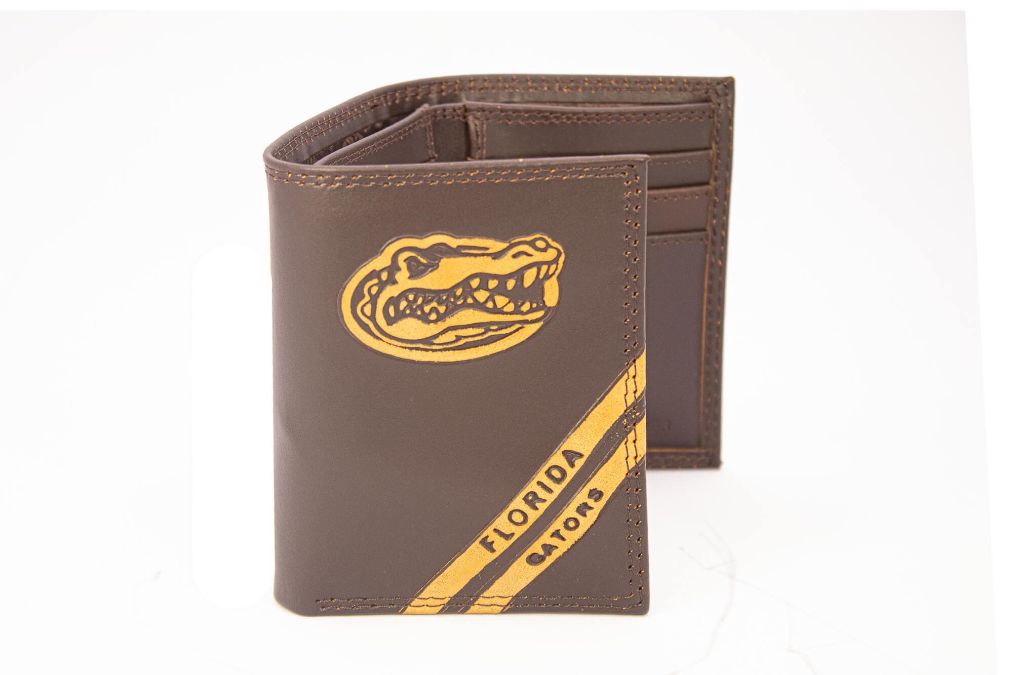 Florida Gators Men's Embossed Leather Wallet. Gators Trifold. UF Secretary. Brown Collegiate Wallet. Gators Athletic Print.