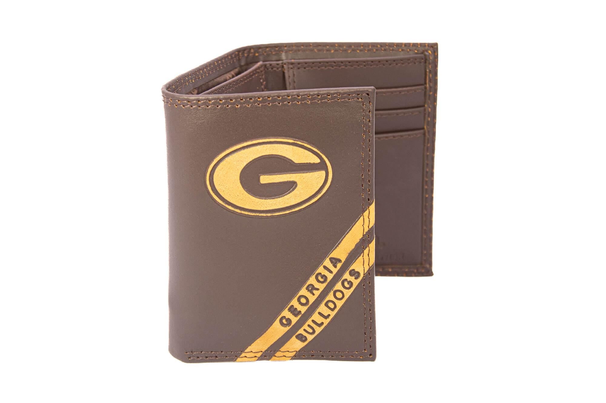 Georgia Bulldogs Men's Embossed Leather Wallet. UGA Dawgs Trifold. Georgia Secretary. Brown Collegiate Wallet. Bulldogs Athletic Print.