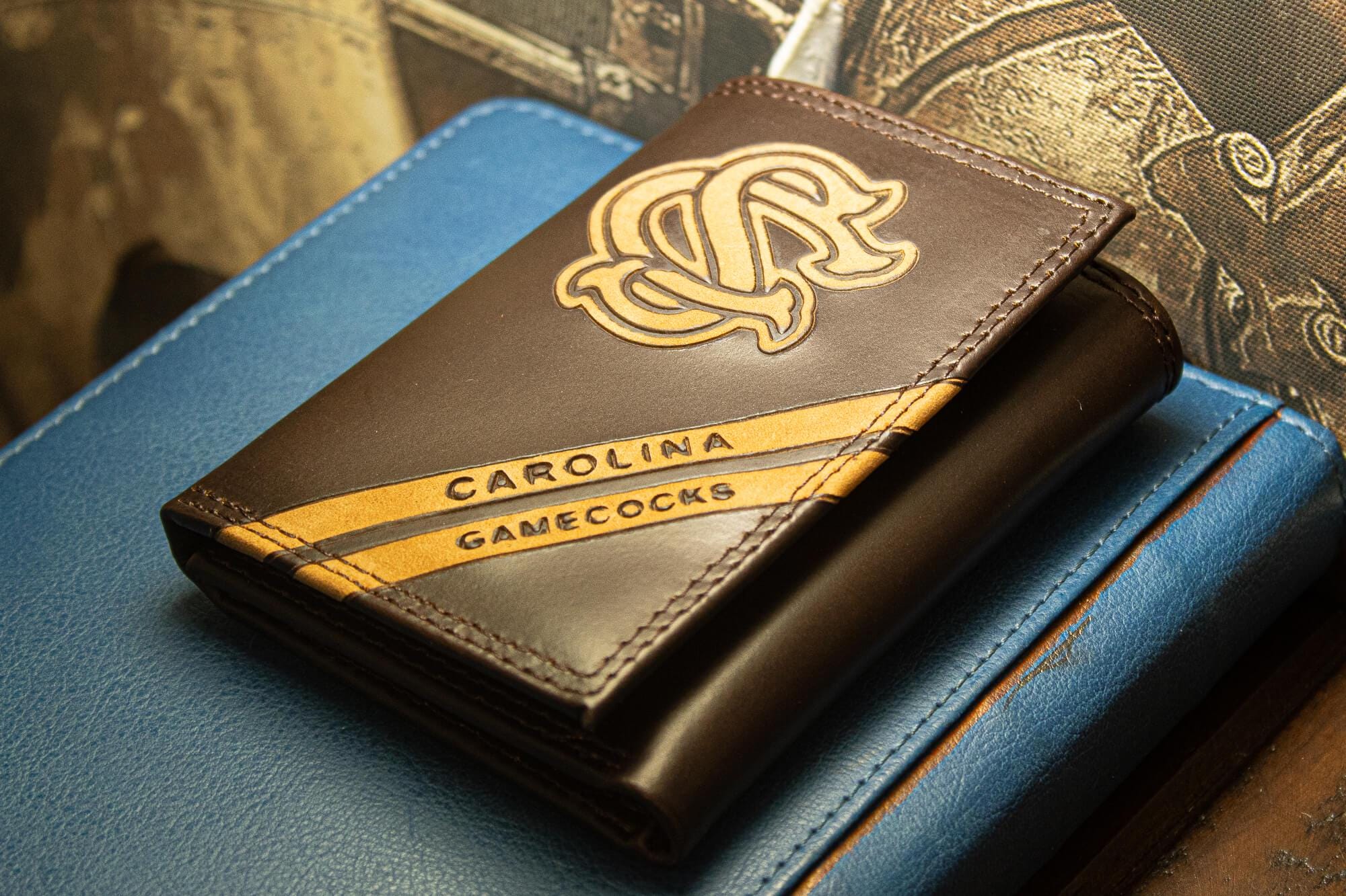 USC Gamecocks Men's Embossed Leather Wallet. USC Trifold. South Carolina Secretary. Brown Collegiate Wallet. Gamcocks Athletic Print.