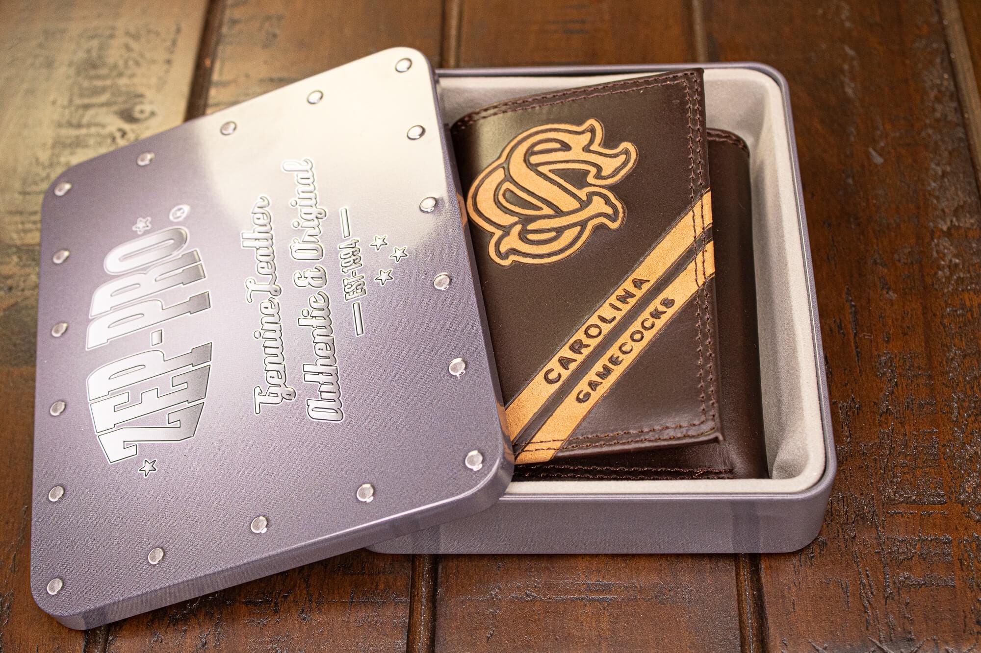 USC Gamecocks Men's Embossed Leather Wallet. USC Trifold. South Carolina Secretary. Brown Collegiate Wallet. Gamcocks Athletic Print.