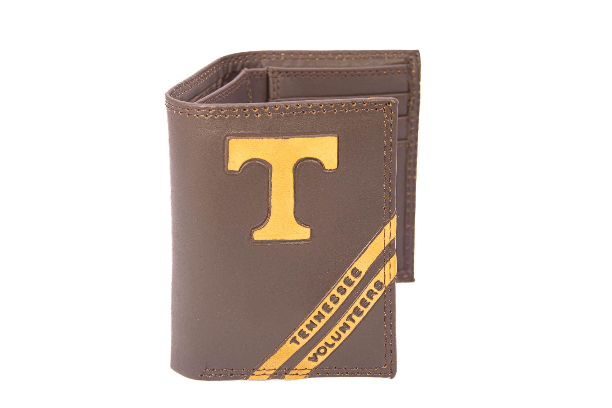 Tennessee Vols Men's Embossed Leather Wallet. Vols Trifold. Tennessee Secretary. Brown Collegiate Wallet. Vols Athletic Print.