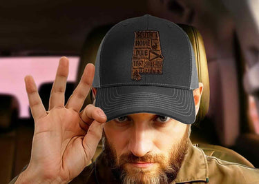 Alabama Map Leather Patch Trucker Hat. Burnished Full Grain Leather. Snapback Trucker Hat. Richardson 112 Cap. Alabama State Headwear.