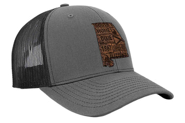 Alabama Map Leather Patch Trucker Hat. Burnished Full Grain Leather. Snapback Trucker Hat. Richardson 112 Cap. Alabama State Headwear.