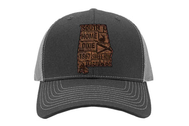 Alabama Map Leather Patch Trucker Hat. Burnished Full Grain Leather. Snapback Trucker Hat. Richardson 112 Cap. Alabama State Headwear.