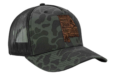 Alabama Map Old School Camo Trucker Hat. Burnished Full Grain Leather Patch. 5-Panel Richardson 112 Snapback Cap. Stitched Map Patch.