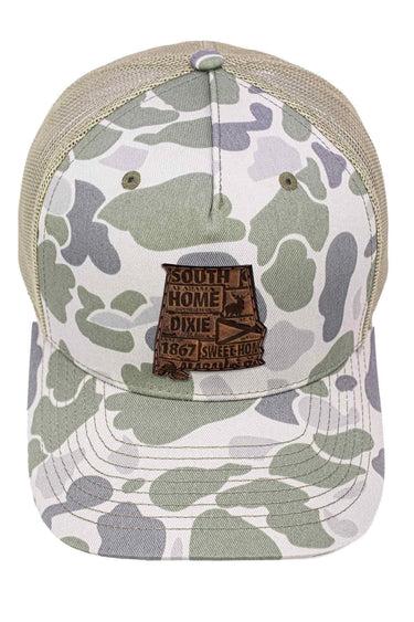 Alabama Map Old School Camo Trucker Hat. Burnished Full Grain Leather Patch. 5-Panel Richardson 112 Snapback Cap. Stitched Map Patch.