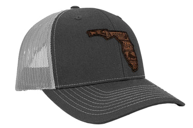 Florida Map Leather Patch Trucker Hat. Burnished Full Grain Leather. Snapback Trucker Hat. Richardson 112 Cap. Florida State Headwear.