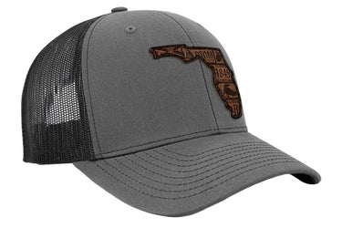 Florida Map Leather Patch Trucker Hat. Burnished Full Grain Leather. Snapback Trucker Hat. Richardson 112 Cap. Florida State Headwear.