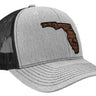Florida Map Leather Patch Trucker Hat. Burnished Full Grain Leather. Snapback Trucker Hat. Richardson 112 Cap. Florida State Headwear.