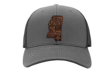 Mississippi Map Leather Patch Trucker Hat. Burnished Full Grain Leather. Snapback Trucker Hat. Richardson Cap. Mississippi State Headwear