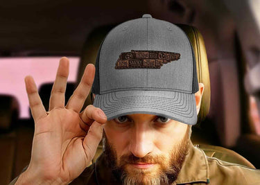Tennessee Map Leather Patch Trucker Hat. Burnished Full Grain Leather. Snapback Trucker Hat. Richardson 112 Cap. Tennessee State Headwear.