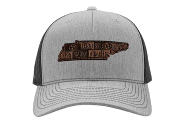 Tennessee Map Leather Patch Trucker Hat. Burnished Full Grain Leather. Snapback Trucker Hat. Richardson 112 Cap. Tennessee State Headwear.