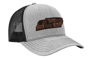 Tennessee Map Leather Patch Trucker Hat. Burnished Full Grain Leather. Snapback Trucker Hat. Richardson 112 Cap. Tennessee State Headwear.