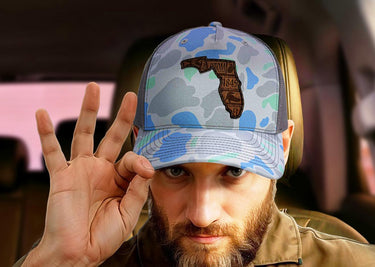 Florida Map Old School Camo Trucker Hat. Burnished Full Grain Leather Patch. 5-Panel Richardson 112 Snapback Cap. Stitched Map Patch.