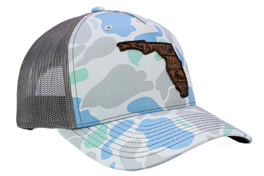 Florida Map Old School Camo Trucker Hat. Burnished Full Grain Leather Patch. 5-Panel Richardson 112 Snapback Cap. Stitched Map Patch.