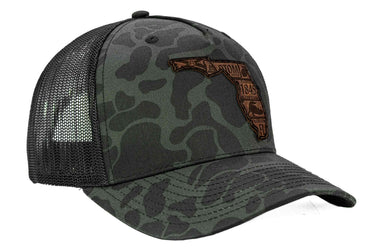 Florida Map Old School Camo Trucker Hat. Burnished Full Grain Leather Patch. 5-Panel Richardson 112 Snapback Cap. Stitched Map Patch.