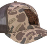 Georgia Map Old School Camo Trucker Hat. Burnished Full Grain Leather Patch. 5-Panel Richardson 112 Snapback Cap. Stitched Map Patch.