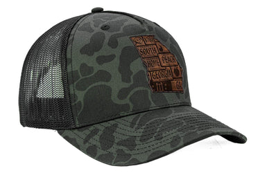 Georgia Map Old School Camo Trucker Hat. Burnished Full Grain Leather Patch. 5-Panel Richardson 112 Snapback Cap. Stitched Map Patch.