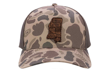 Mississippi Map Old School Camo Trucker Hat. Burnished Full Grain Leather Patch. 5-Panel Richardson 112 Snapback Cap. Stitched Map Patch.