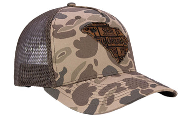 South Carolina Map Old School Camo Trucker Hat. Burnished Full Grain Leather Patch. 5-Panel Richardson 112 Snapback Cap. Stitched Map Patch.