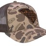 South Carolina Map Old School Camo Trucker Hat. Burnished Full Grain Leather Patch. 5-Panel Richardson 112 Snapback Cap. Stitched Map Patch.