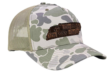 Tennessee Map Old School Camo Trucker Hat. Burnished Full Grain Leather Patch. 5-Panel Richardson 112 Snapback Cap. Stitched Map Patch.