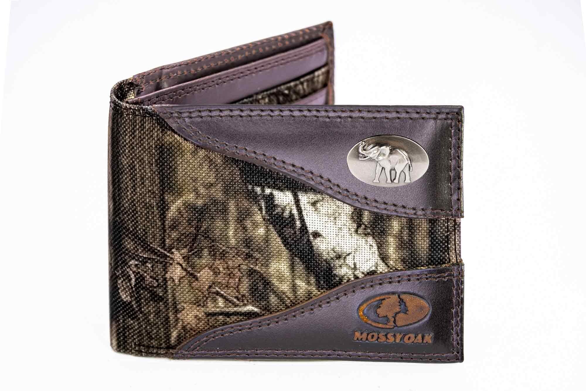 Alabama Big Al Tide Mossy Oak Wallets. Bifold Pass-case. Classic Trifold. Tall Secretary. Mossy Oak Break-up Pattern. Leather Nylon Combo.