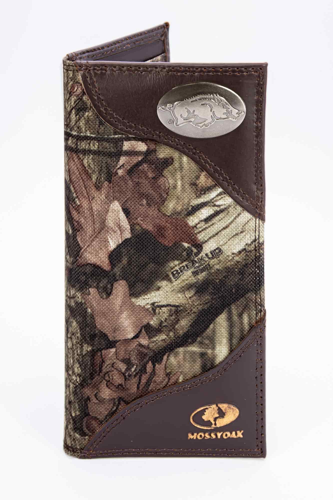 Arkansas Razorbacks Mossy Oak Wallets. Bifold Pass-case. Classic Trifold. Tall Secretary. Mossy Oak Break-up Pattern. Leather Nylon Combo.
