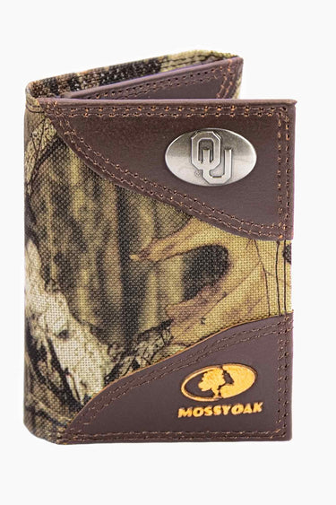 Oklahoma Sooners Mossy Oak Wallets. Bifold Pass-case. Classic Trifold. Tall Secretary. Mossy Oak Break-up Pattern. Leather Nylon Combo.