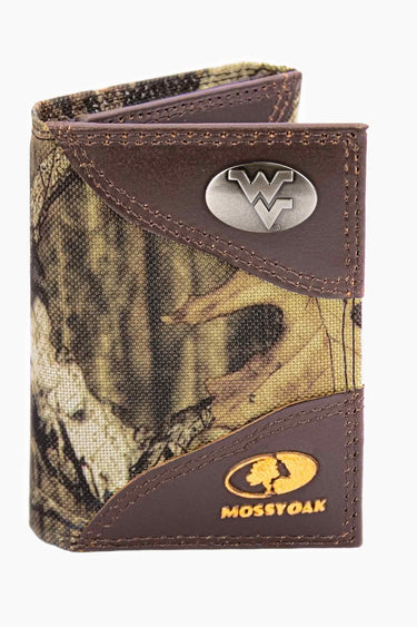 WVU Mountaineers Mossy Oak Wallets. Bifold Pass-case. Classic Trifold. Tall Secretary. Mossy Oak Break-up Pattern. Leather Nylon Combo.