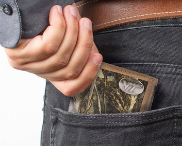 Virginia Tech Hokies Realtree Wallets. Bifold Pass-case. Classic Trifold. Tall Secretary. Realtree Max-5 Pattern. Leather Nylon Combo.