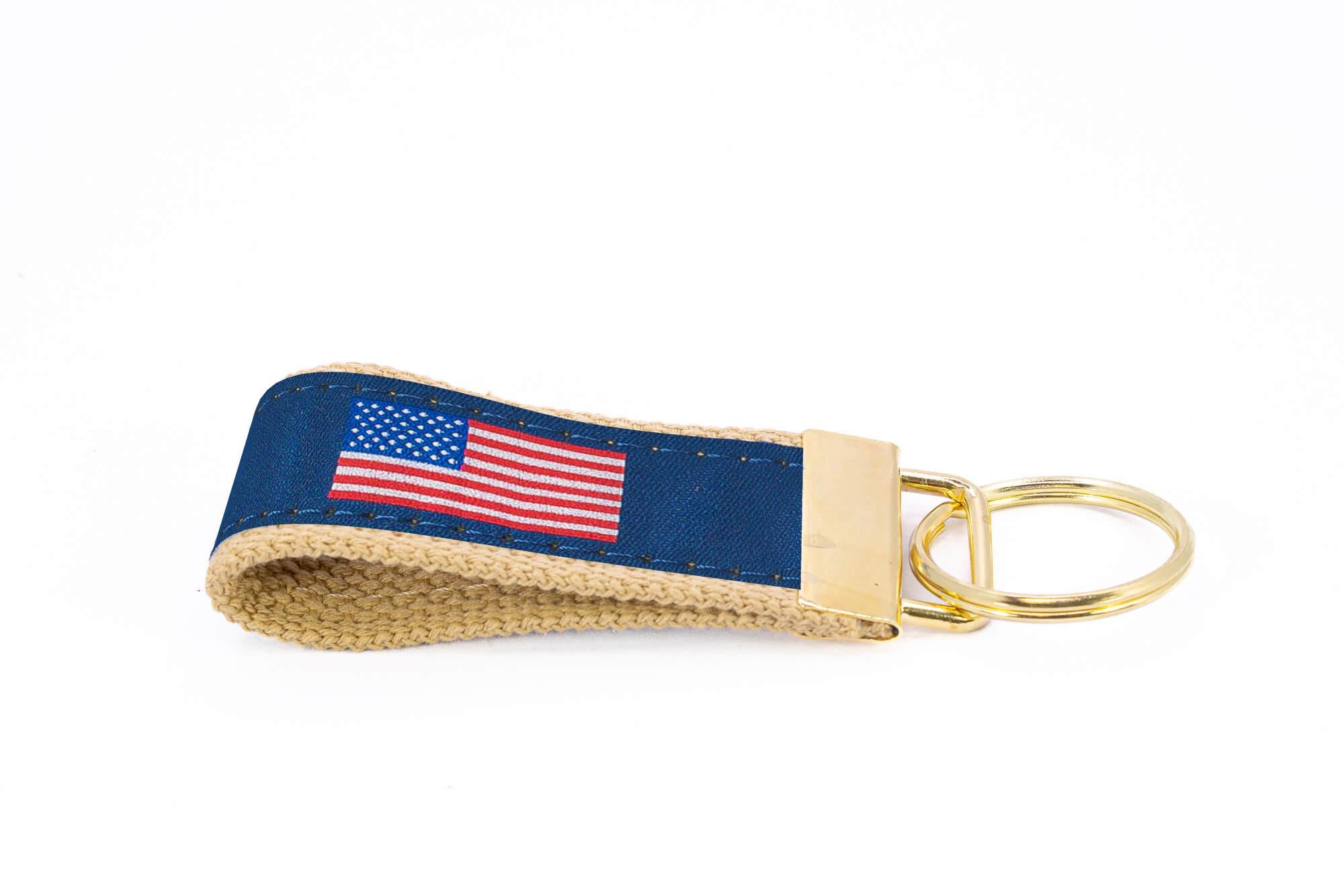 American Flag Woven Ribbon Key Chain. USA Key Fob. Americana Gift. Stars and Stripes Key Ring. Brass Clasp and O-Ring.