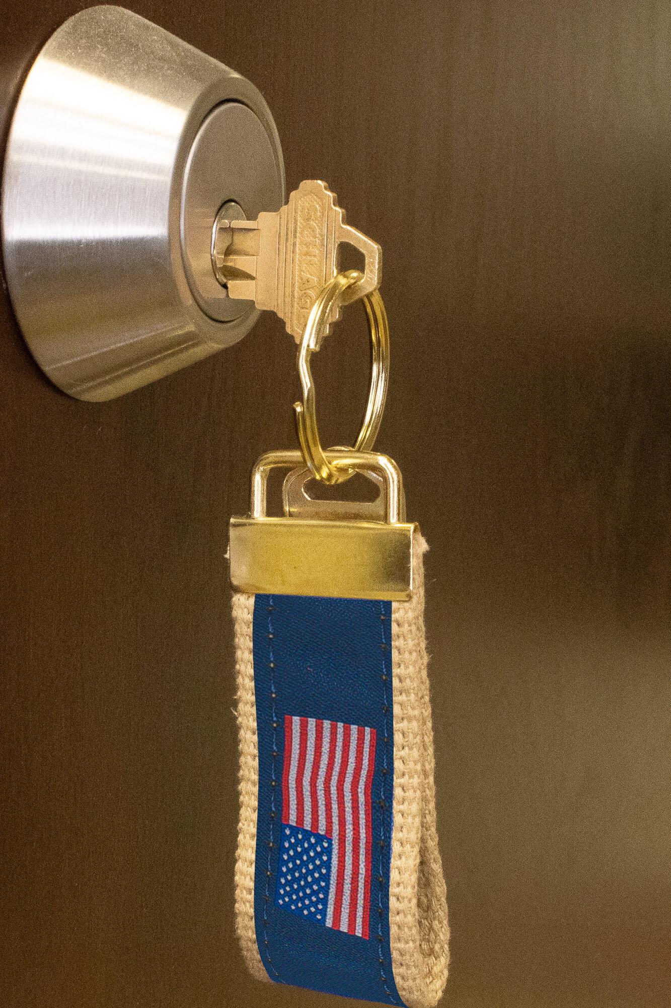 American Flag Woven Ribbon Key Chain. USA Key Fob. Americana Gift. Stars and Stripes Key Ring. Brass Clasp and O-Ring.