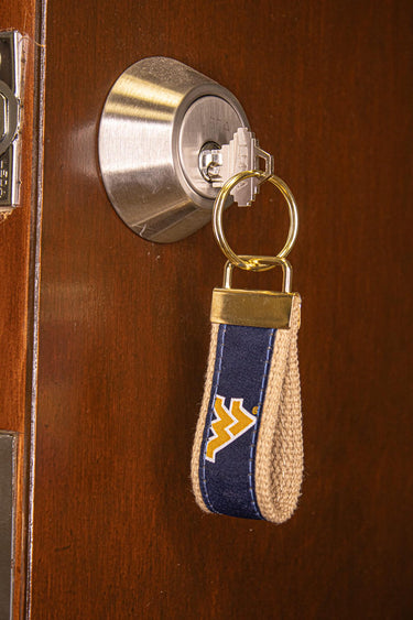 West Virginia Mountaineers Collegiate Woven Ribbon Key Chain. WVU Key Fob. Mountaineers Gift. WVU Key Ring. Brass Clasp and O-Ring.