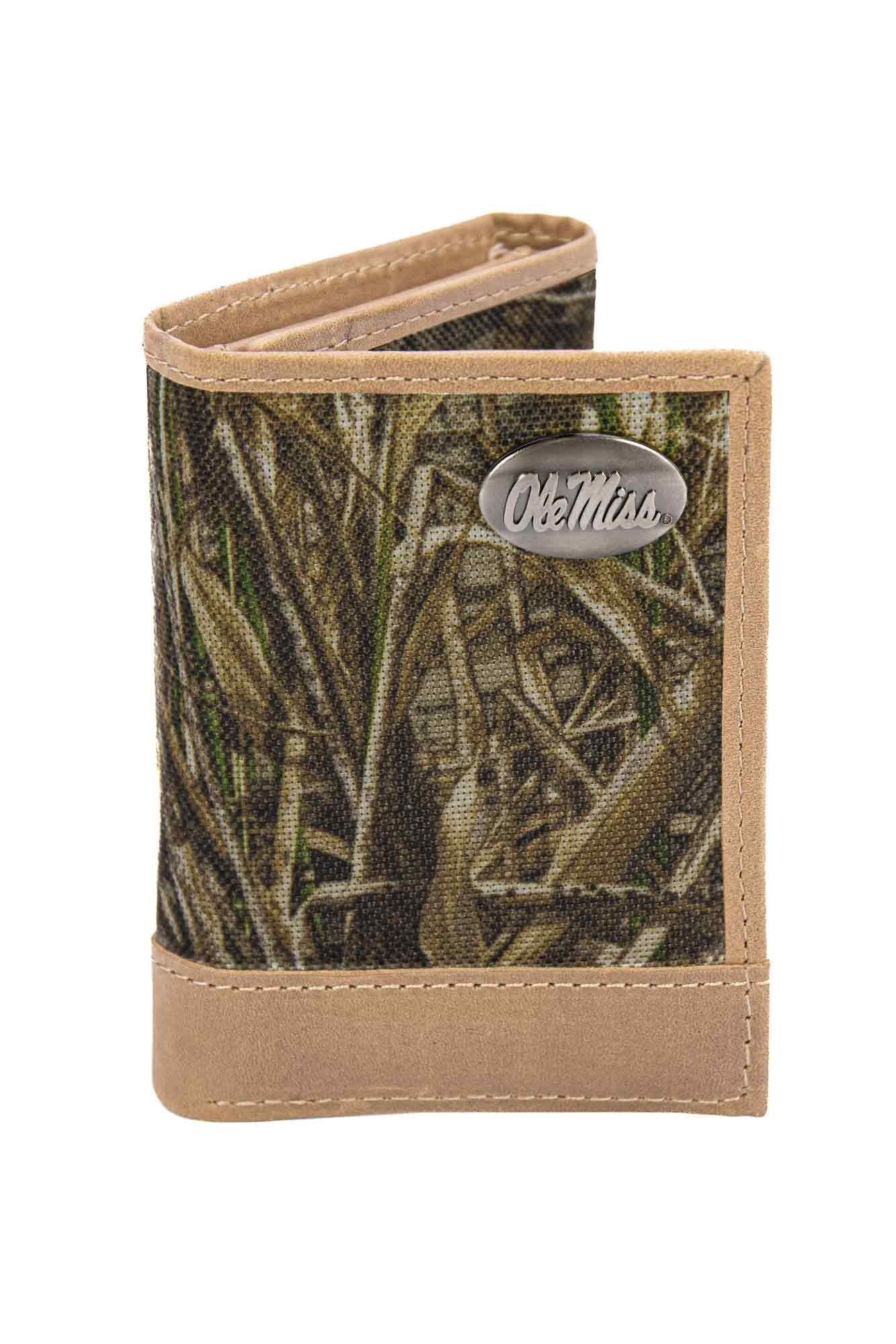 Ole Miss Rebels Realtree Wallets. Bifold Pass-case. Classic Trifold. Tall Secretary. Realtree Max-5 Pattern. Leather Nylon Combo.