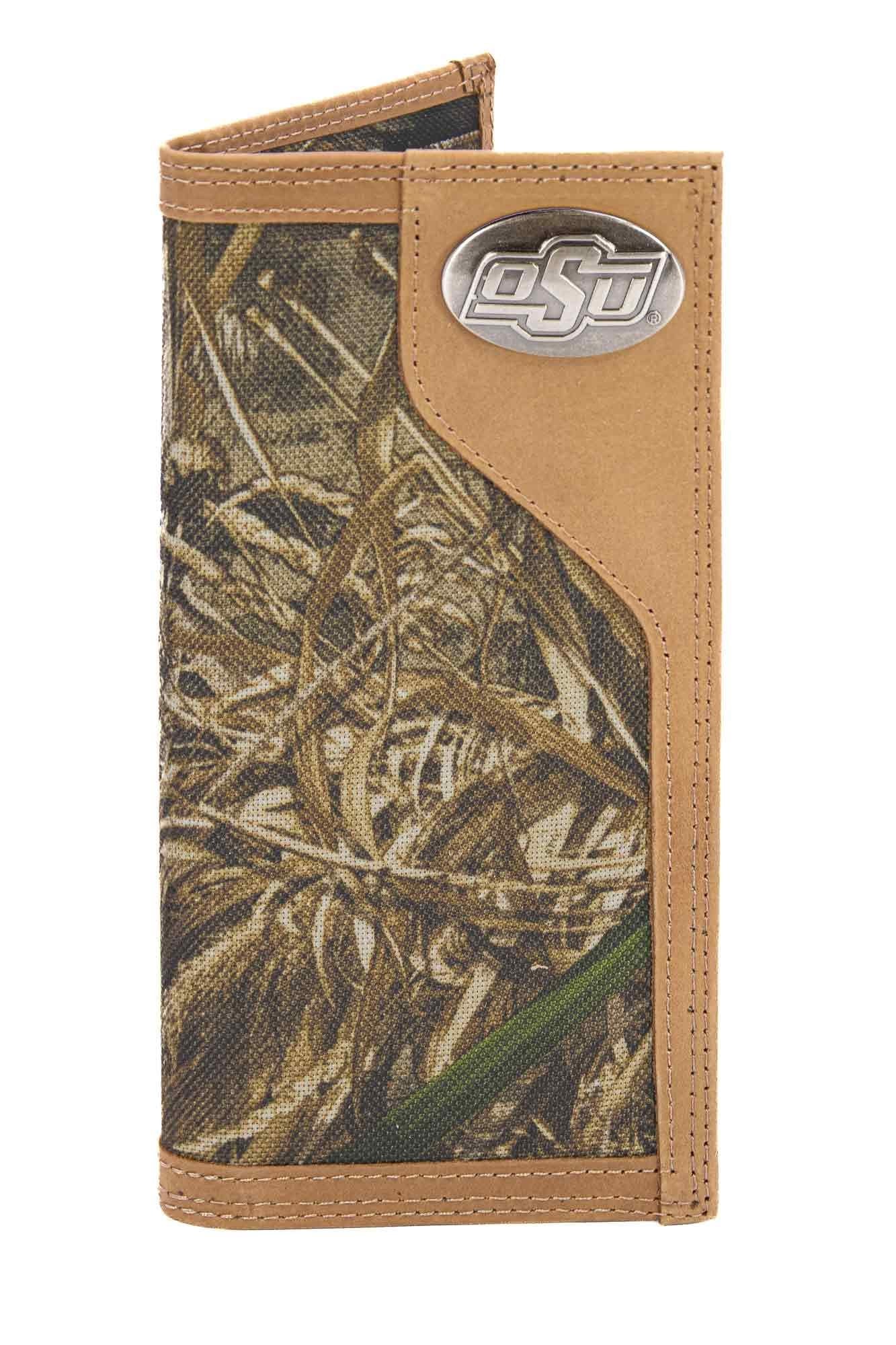 Oklahoma State Cowboys Realtree Wallets. Bifold Pass-case. Classic Trifold. Tall Secretary. Realtree Max-5 Pattern. Leather Nylon Combo.